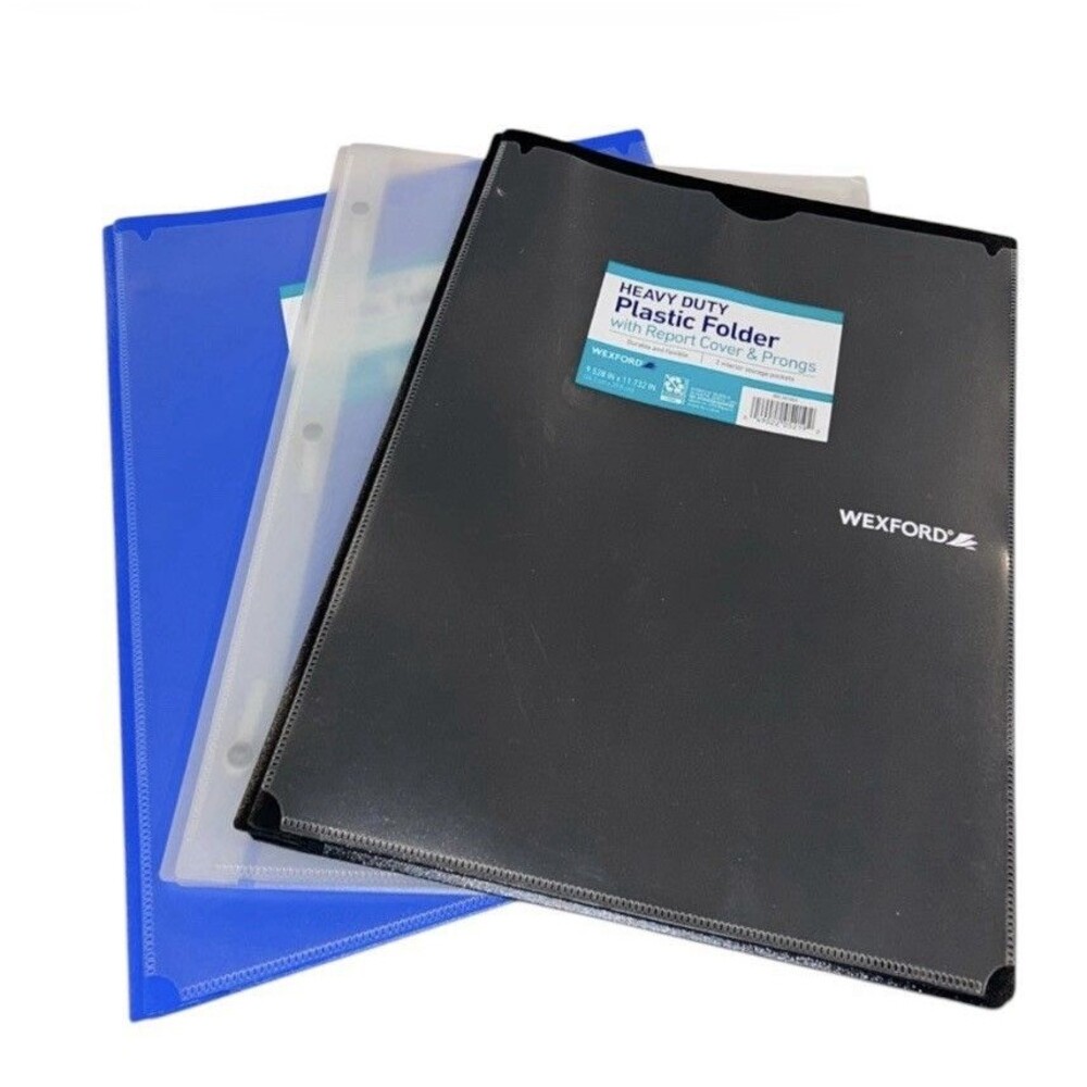 3x Wexford Heavy Duty 2 Pocket Plastic Folders w/ Report Cover & Prongs 9.5x11"